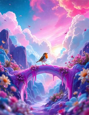 The primary subject of the image is a bird perched on a bridge. The setting is a beautiful, colorful landscape with a pink sky, clouds, and flowers. The visual style is a digital art or illustration, creating a vibrant and lively atmosphere. The dominant colors are pink, purple, and white, with the bird being the main focal point.