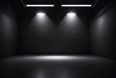 The primary subject of the image is a large, empty room with a black background. The room is illuminated by three bright lights, creating a stark contrast between the darkness of the room and the light. The visual style of the image is a black and white photo, giving it a classic and timeless appearance. The colors and mood of the image are predominantly dark, with the lights providing a sense of depth and contrast.
