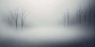 The primary subject of the image is a foggy road with two trees on either side. The setting is a foggy day, and the visual style appears to be a painting or drawing. The colors and mood of the image are predominantly gray and moody, creating a sense of mystery and atmosphere.