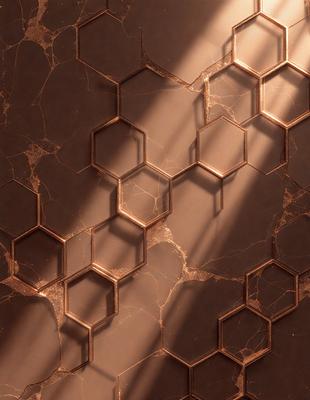 The primary subject of the image is a close-up of a marble wall with a pattern of hexagonal shapes. The setting is a room with a brown marble wall, and the visual style is a photo. The dominant colors are brown and beige, creating a warm and natural atmosphere.
