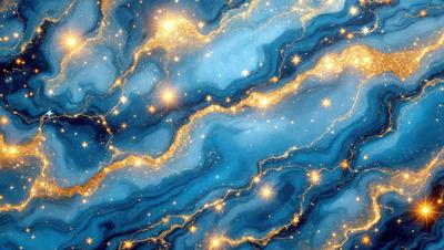 The primary subject of the image is a blue and gold swirling pattern, which appears to be a digital art or illustration. The setting is a blue and gold background, and the visual style is a combination of digital art and illustration. The colors and mood of the image are predominantly blue and gold, creating a vibrant and luminous atmosphere.
