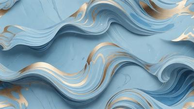 The primary subject of the image is a blue and gold wave pattern, which is a digital artwork. The setting is a blue background, and the visual style is a combination of digital art and illustration. The dominant colors are blue and gold, creating a serene and calming atmosphere.