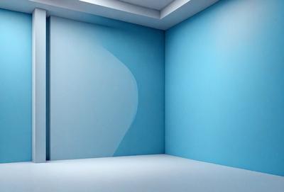 The primary subject of the image is a blue wall with a white floor. The setting is a room with a blue wall and a white floor. The visual style is a photo, and the dominant colors are blue and white. The overall atmosphere is calm and clean.