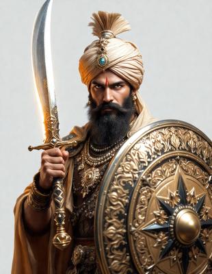 The primary subject of the image is a man dressed in a costume, holding a sword and wearing a turban. He appears to be a warrior or a character from a historical or fantasy setting. The setting is a white background, which provides a clean and uncluttered backdrop for the man's costume and weapon. The visual style of the image is a digital art or illustration, as it is a detailed and well-rendered portrait of the man. The colors and mood of the image are pre
