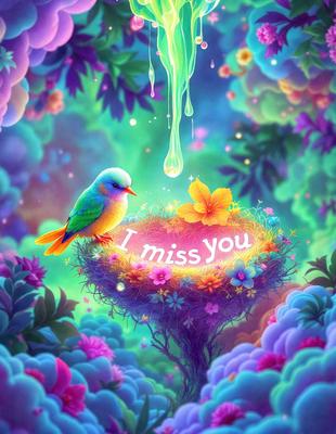 The primary subject of the image is a small bird perched on a branch. The setting is a vibrant, colorful, and lush environment, with a variety of flowers and plants surrounding the bird. The visual style is a digital art or illustration, creating a whimsical and imaginative atmosphere. The dominant colors are bright and cheerful, with a mix of pinks, purples, and greens, reflecting the beauty of the natural surroundings.