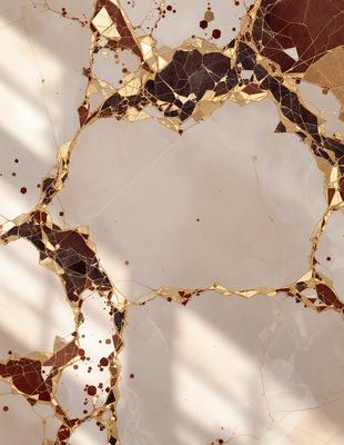 The primary subject of the image is a marble wall with a gold pattern. The setting is a room with a marble floor. The visual style is a close-up of the marble wall, showcasing the intricate gold pattern. The colors and mood of the image are warm and elegant, with the gold pattern adding a touch of luxury to the marble wall.