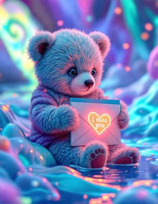 The primary subject of the image is a blue teddy bear holding a heart-shaped card. The setting is a colorful, surreal environment, possibly a fantasy world or a dreamy landscape. The visual style appears to be a combination of photo and digital art, creating a unique and whimsical scene. The dominant colors are blue, purple, and pink, giving the image a warm and inviting atmosphere.