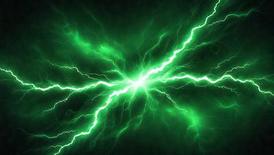 The primary subject of the image is a green lightning bolt, which is the main object, scene, or focus of the image. The setting or background is a dark, cloudy sky, and the visual style is a digital art or illustration. The dominant colors and overall atmosphere are green and electric, creating a sense of energy and power.