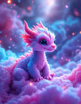 The primary subject of the image is a small, colorful dragon sitting on top of a cloud. The dragon has a pink and blue color scheme, and it appears to be smiling. The setting is a cloudy sky, and the visual style is digital art. The dominant colors are pink and blue, creating a cheerful and playful atmosphere.