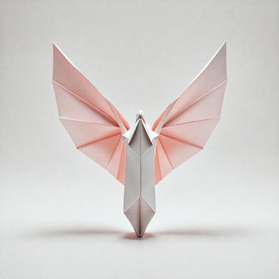 The primary subject of the image is a pink paper butterfly. The setting is a white background, and the visual style is a digital art or illustration. The dominant colors are pink and white, creating a soft and delicate atmosphere.