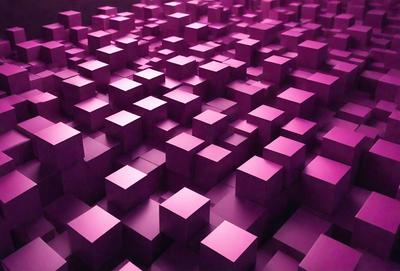 The primary subject of the image is a large, pink, three-dimensional grid pattern. The setting is a purple background, which creates a striking contrast with the pink grid. The visual style is a combination of digital art and illustration, giving the image a unique and artistic appearance. The dominant colors are pink and purple, creating a warm and vibrant atmosphere.