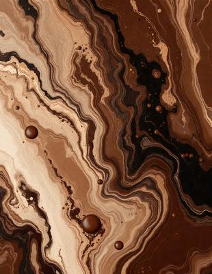 The primary subject of the image is a close-up of a chocolate-covered surface, possibly a chocolate cake or a chocolate-covered rock. The setting is a dark, moody environment, possibly a cave or a dark room. The visual style is a close-up, with a focus on the chocolate and its texture. The colors and mood are predominantly dark, with the chocolate being the main focus and creating a rich, indulgent atmosphere.