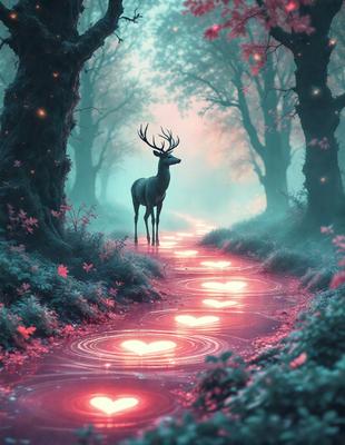 Primary subject: A deer with antlers walking down a path.

Setting/background: The deer is walking down a path surrounded by trees, creating a forest-like atmosphere.

Visual style: The image is a digital artwork, featuring a deer with antlers walking down a path.

Colors and mood: The image has a warm and serene atmosphere, with the deer's antlers and the surrounding trees creating a sense of tranquility.