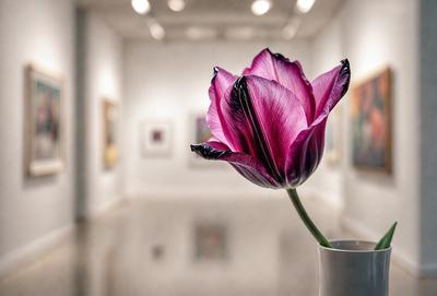 The primary subject of the image is a single purple flower, which is placed in a white vase. The setting is a room with a white wall, and the visual style appears to be a photo. The dominant colors in the image are purple and white, creating a calm and serene atmosphere.