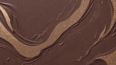 The primary subject of the image is a chocolate-covered surface, which appears to be a chocolate-covered cake or a chocolate-covered piece of art. The setting is a close-up view of the chocolate, showcasing its texture and appearance. The visual style is a close-up, focusing on the details of the chocolate. The colors and mood of the image are predominantly brown, giving it a rich and indulgent atmosphere.