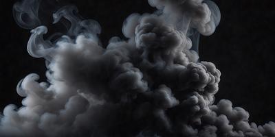 The primary subject of the image is a large, dark cloud with smoke billowing out of it. The setting is a dark sky, and the visual style appears to be a black and white photo. The dominant colors are black and white, and the overall atmosphere is dramatic and mysterious.