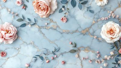 The primary subject of the image is a beautifully arranged bouquet of pink and white flowers, which are placed on a blue marble surface. The setting appears to be a decorative wall or a tabletop, with the flowers creating a visually appealing focal point. The visual style of the image is a combination of realistic and artistic elements, as the flowers are depicted in a detailed and intricate manner. The colors and mood of the image are predominantly pink and white, creating a sense of eleg
