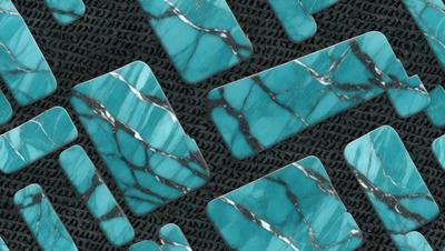 The primary subject of the image is a collection of blue and white marble tiles. The setting is a black background, which contrasts with the blue and white tiles. The visual style is a close-up of the tiles, showcasing their intricate patterns and textures. The colors and mood of the image are predominantly blue and white, creating a clean and elegant atmosphere.