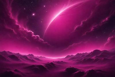 The primary subject of the image is a pink planet with a purple sky. The setting is a pink and purple landscape, which creates a unique and visually striking environment. The visual style of the image is digital art, as it appears to be a computer-generated or digitally manipulated scene. The dominant colors in the image are pink and purple, giving it a warm and dreamy atmosphere.
