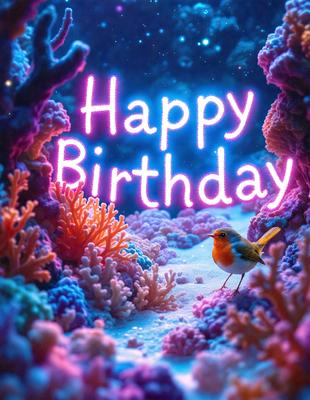 The primary subject of the image is a small bird, which is the main focus of the scene. The bird is standing on a snowy surface, surrounded by a variety of colorful and vibrant coral reefs. The visual style of the image is a combination of photo and digital art, creating a unique and eye-catching scene. The colors and mood of the image are predominantly pink and blue, giving it a cheerful and lively atmosphere.