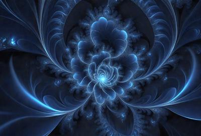 The primary subject of the image is a blue and white flower with a spiral pattern. The setting is a dark background, which contrasts with the vibrant colors of the flower. The visual style is a digital art or illustration, showcasing the intricate details of the flower. The dominant colors are blue and white, creating a serene and calming atmosphere.