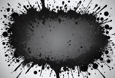 The primary subject of the image is a black and white painting of a splattered, dripped, or spilled substance, possibly ink or paint. The setting is a white background, which contrasts with the black and white painting. The visual style is a painting, which gives the image a more artistic and creative appearance. The colors and mood of the image are predominantly black and white, creating a dramatic and striking effect.