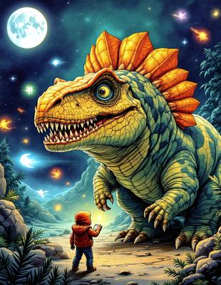 The primary subject of the image is a large, colorful, and cartoonish dinosaur, possibly a T-Rex, standing on a rocky surface. The dinosaur appears to be looking at a person, who is holding a cell phone. The setting is a nighttime scene with a moon visible in the sky. The visual style of the image is a digital art or illustration, featuring a vibrant color palette and a playful atmosphere.