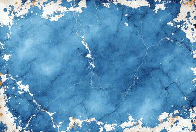 The primary subject of the image is a blue marble-like surface with white and orange streaks. The setting is a blue background, and the visual style appears to be a combination of a photo and digital art. The colors and mood of the image are predominantly blue, with the white and orange streaks adding contrast and visual interest.