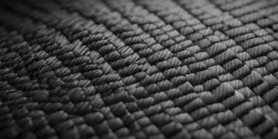 The primary subject of the image is a close-up of a black, woven fabric. The setting is a black background, which provides a stark contrast to the fabric. The visual style is a detailed, textured close-up of the fabric. The colors are predominantly black, giving the image a moody and dramatic atmosphere.