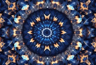 The primary subject of the image is a blue and yellow circle with a pattern of yellow stars. The circle is the main object, and it is set against a blue background. The visual style of the image is a combination of digital art and illustration, creating a vibrant and colorful scene. The dominant colors in the image are blue and yellow, giving it a lively and energetic atmosphere.