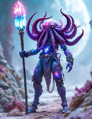 The primary subject of the image is a character, possibly a creature or a humanoid, wearing a blue and purple outfit. The character is holding a staff and appears to be standing on a path. The setting is a rocky environment, with a backdrop of a cave. The visual style of the image is digital art, and the colors and mood are predominantly blue and purple, giving the scene a futuristic and otherworldly atmosphere.
