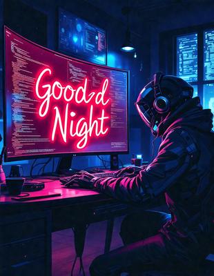 The primary subject of the image is a man sitting at a desk in front of a computer. He is wearing a helmet and headphones, indicating that he might be playing a video game or working on a project. The setting is a room with a desk and a computer monitor, which is displaying a message that reads "Good Night." The visual style of the image is a digital art or illustration, with a pink and blue color scheme that gives the scene a warm and cozy atmosphere.