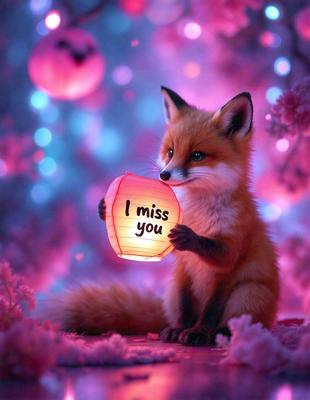 The primary subject of the image is a small, cute fox holding a pink lantern. The setting is a pink background, which adds to the overall mood of the scene. The visual style is a combination of photo and digital art, creating a unique and charming illustration. The colors and mood are predominantly pink, giving the image a warm and inviting atmosphere.