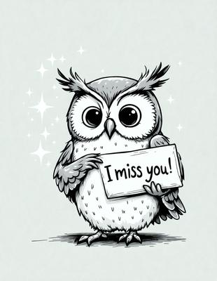 The primary subject of the image is a cartoon owl holding a sign that reads "I miss you." The owl is standing on a surface with a starry background. The visual style of the image is a digital art or illustration, giving it a whimsical and playful appearance. The colors and mood of the image are predominantly warm and inviting, with the starry background adding a touch of magic and wonder to the scene.