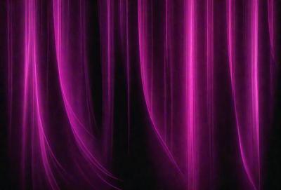 The primary subject of the image is a purple curtain. The setting is a dark room with the curtains as the main focus. The visual style is a close-up of the curtains, creating a dramatic and moody atmosphere. The colors and mood of the image are predominantly purple, giving it a mysterious and enchanting feel.