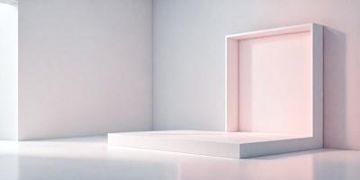 The primary subject of the image is a white box or a white frame, which is placed on a white surface. The setting appears to be a white room, and the visual style is a photo. The colors and mood of the image are predominantly white, giving it a clean and minimalist appearance.