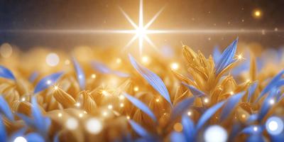 The primary subject of the image is a field of flowers, with a bright sun shining on them. The setting is a natural outdoor environment, and the visual style appears to be a combination of photo and digital art. The colors are predominantly yellow and blue, creating a warm and inviting atmosphere.