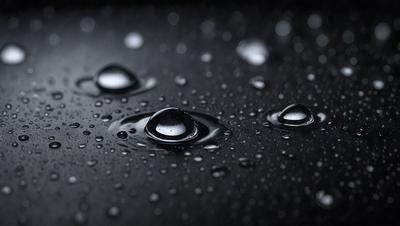 The primary subject of the image is a close-up of water droplets on a black surface. The setting is a dark background, which contrasts with the bright droplets. The visual style is a realistic representation of the water droplets, and the colors are predominantly black and white, with the droplets appearing as small, round, and shiny objects. The overall atmosphere of the image is moist and reflective, as the droplets create a sense of depth and intricacy on the black