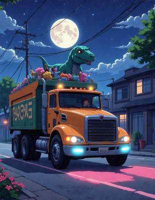 The primary subject of the image is a large orange truck driving down a street at night. The truck is carrying a large dinosaur statue on its flatbed, which adds a unique and interesting element to the scene. The setting is a residential area with houses visible in the background. The visual style of the image is a combination of digital art and illustration, creating a vibrant and engaging atmosphere. The dominant colors in the image are orange and black, which contribute to the nighttime ambiance and the overall mood