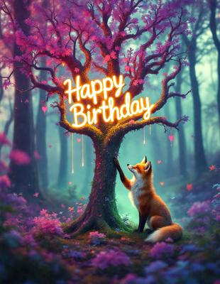 The primary subject of the image is a fox sitting under a tree. The tree has a sign on it that reads "Happy Birthday." The setting is a forest, and the visual style is digital art. The dominant colors are pink and purple, creating a warm and celebratory atmosphere.