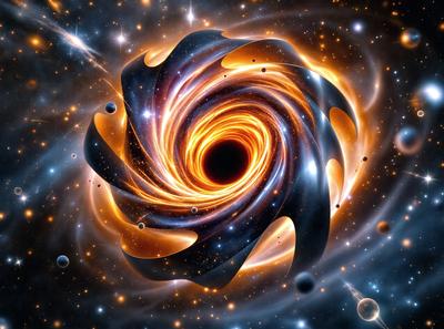 The primary subject of the image is a large, swirling, and colorful black hole. The setting is a space filled with various celestial objects, including planets and stars. The visual style is a digital art or illustration, creating a vibrant and dynamic scene. The dominant colors are black, orange, and blue, giving the image a striking and dramatic atmosphere.