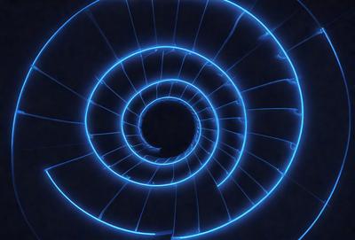 The primary subject of the image is a spiral-shaped structure, possibly a tunnel or a spiral staircase, with a blue glow. The setting is a dark environment, and the visual style appears to be a digital art or illustration. The dominant colors are blue and black, creating a mysterious and intriguing atmosphere.