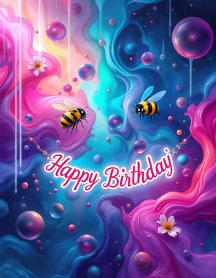 Happy Birthday: [The main object, scene, or focus of the image is a colorful, swirling background with two bees and flowers. The setting is a vibrant, artistic environment. The visual style is digital art, illustration, or drawing. The dominant colors are pink, purple, and blue, creating a joyful and celebratory atmosphere.]
