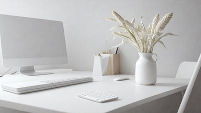 The primary subject of the image is a white desk with a computer setup on it. The desk has a keyboard and a mouse on it, and there is a vase with flowers on the desk as well. The setting is an office or workspace, and the visual style is a realistic photograph. The colors and mood of the image are predominantly white, creating a clean and minimalist atmosphere.