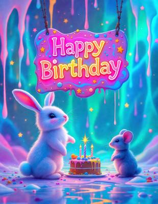 The primary subject of the image is a birthday celebration featuring two bunny rabbits. One of the rabbits is sitting next to a birthday cake with lit candles, while the other is standing nearby. The scene is set in a colorful and vibrant environment, likely a fantasy or whimsical setting. The visual style of the image is digital art, with a focus on the bunnies and the birthday cake. The colors and mood of the image are lively and cheerful,