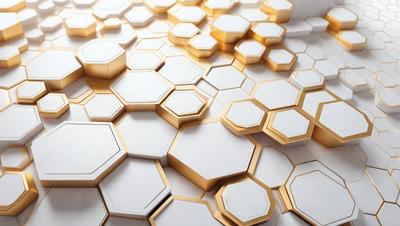 The primary subject of the image is a pattern of hexagonal shapes, which are arranged in a honeycomb-like structure. The setting is a white background, which provides a clean and minimalist appearance. The visual style is a combination of digital art and illustration, creating a unique and intricate design. The dominant colors are white and gold, giving the pattern a warm and elegant feel.