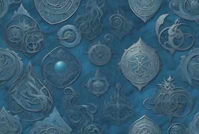 The primary subject of the image is a collection of various metal and glass decorations, including a clock, a compass, and other intricate designs. These decorations are displayed on a blue surface, which serves as the setting or background. The visual style of the image is a combination of digital art and illustration, showcasing the intricate details of the decorations. The colors and mood of the image are predominantly blue, giving it a calm and serene atmosphere.