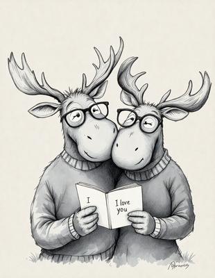 The primary subject of the image is two cartoon animals, specifically two deer, wearing glasses and sweaters. They are holding a book together, with one of them reading the book. The setting is a cozy environment, possibly a library or a reading nook. The visual style is a hand-drawn illustration, giving the scene a warm and inviting atmosphere. The colors are predominantly shades of brown and black, with the deer and the book being the main focus of the image.