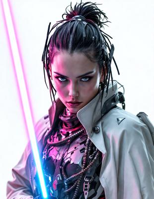 The primary subject of the image is a woman with long hair, wearing a white coat and holding a pink light saber. She is posing for the camera, showcasing her unique style. The setting appears to be a futuristic or fantasy-themed environment, possibly a sci-fi or fantasy movie set. The visual style of the image is a combination of photo and digital art, creating a striking and eye-catching scene. The colors and mood of the image are predominantly pink and