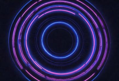 The primary subject of the image is a large, circular, neon-colored light. The light is illuminating a dark background, creating a striking contrast. The visual style of the image is a combination of a photo and digital art, as it appears to be a close-up of a neon light with a slightly blurred background. The colors and mood of the image are predominantly purple and blue, giving it a futuristic and vibrant atmosphere.